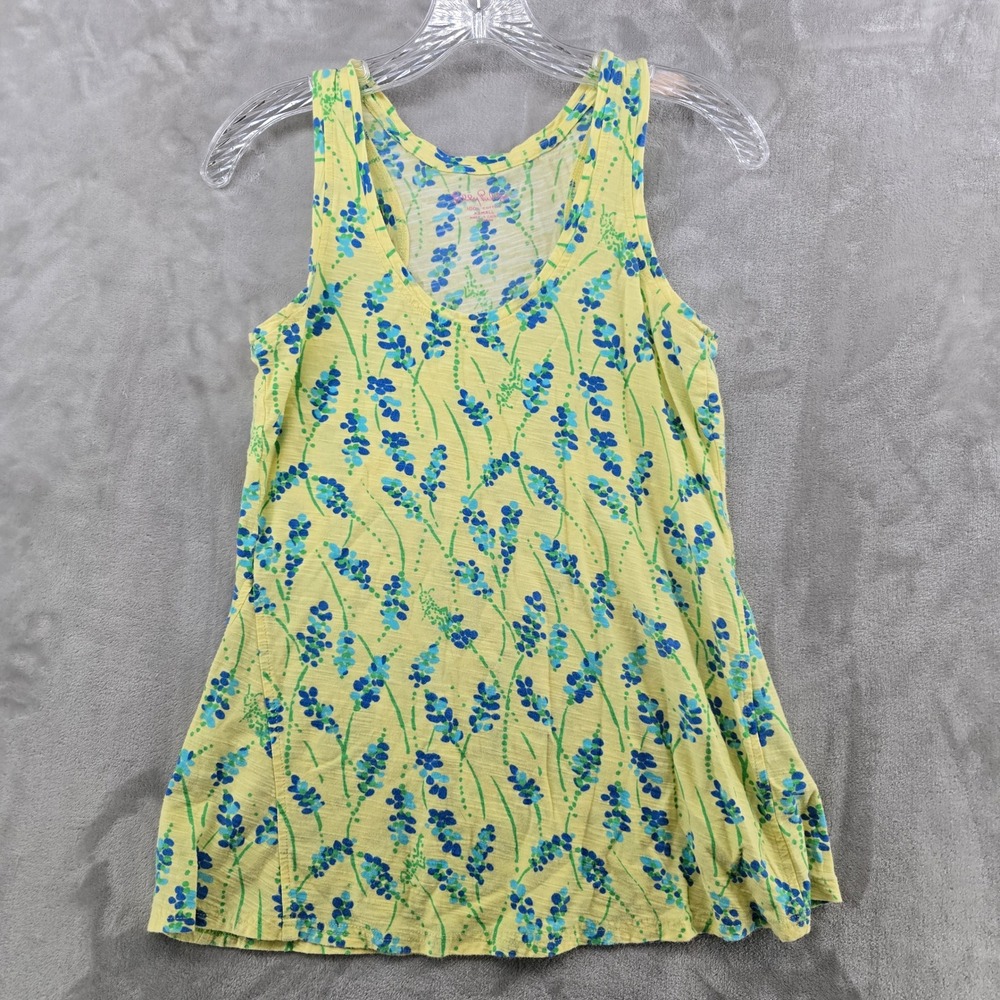 Lilly Pulitzer Womens XS Tank Top Yellow Floral Print Cotton Sleeveless